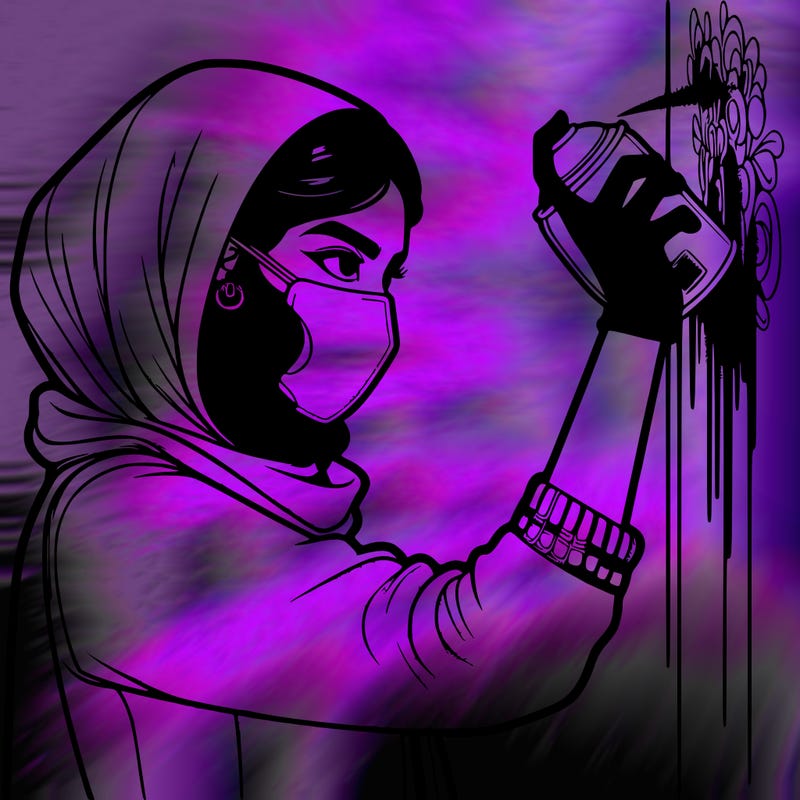 realistic girl with mask spray painting a wall