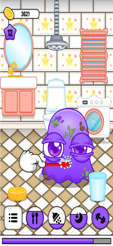Moy 6 - Virtual Pet Game - A purple virtual pet named Moy getting its teeth brushed in a cartoon bathroom