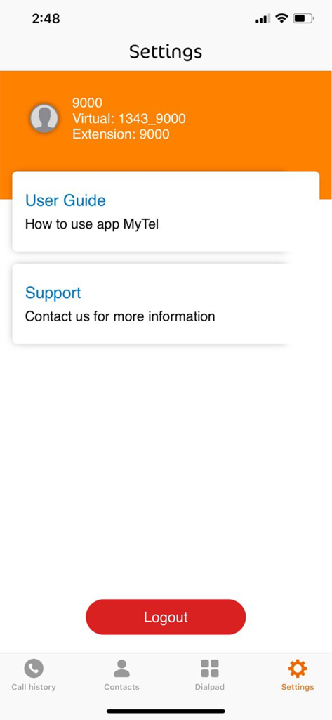 MyCall - Mytel - Settings menu of the MyCall Mytel app showing user extension information and support options.