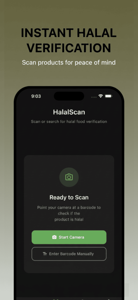 Halal Finder app interface for instant food verification using a barcode scanner