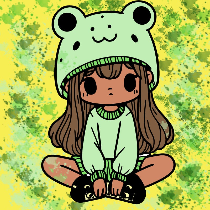 a girl wearing a frog hat and some frog socks