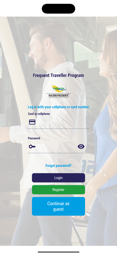 Login screen for the Tepic Plus frequent traveler program with options to login register or continue as guest