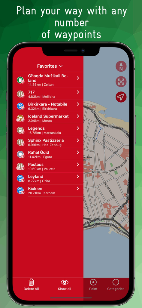 Une liste de points de chemin favoris et une vue de carte hors ligne sur l'application Malte et Gozo
