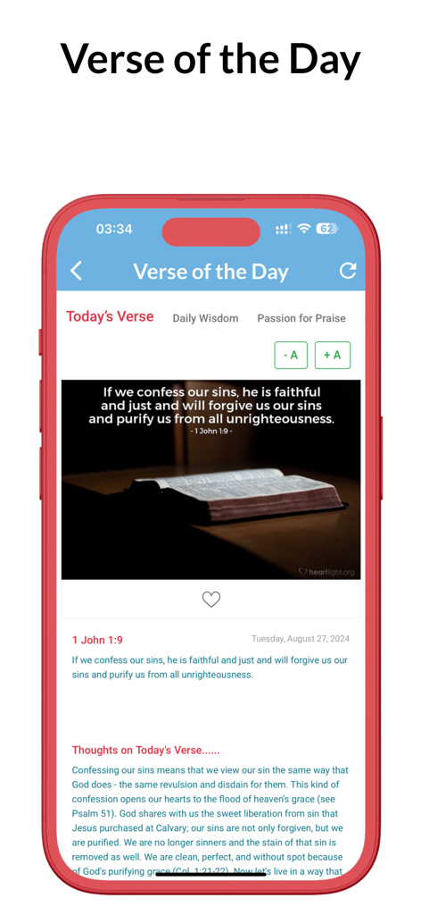 Bible KJV - King James Audio - Pantalla de teléfono inteligente que muestra la función Versículo del Día en la aplicación Bible King James con una imagen de las escrituras y texto de devocional diario.