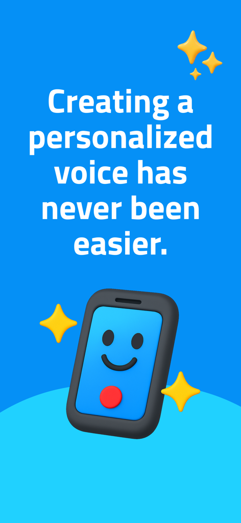 The Voice Keeper AAC - Una ilustración que muestra un teléfono de dibujos animados sonriente y texto sobre la facilidad de crear una voz de CAA personalizada