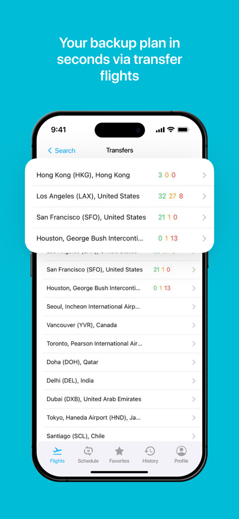 Staff Airlines App-Oberfläche mit Transferflugoptionen und Echtzeit-Sitzplatzverfügbarkeit für Flugpersonal-Standby-Reisen.