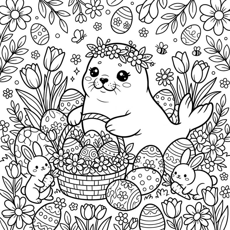 Unleash your creativity with this charming Easter Seal Pup coloring page! Featuring an irresistibly cute seal pup amidst a festive spread of decorated eggs and playful bunnies, it's perfect for a joyous spring coloring session.