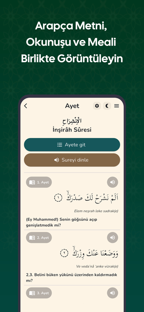 Ayet Online – Kur’an-ı Kerim - Interfaz de la aplicación Ayet Online que muestra texto árabe y traducción turca para la Sura Inshirah