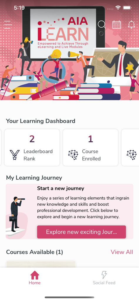 AIA iLearn BN - Tableau de bord de l'application AIA iLearn BN montrant le rang du classement et les cours inscrits