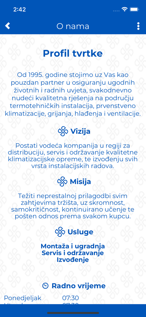 DELTRON Digital - About us page of the Deltron Digital app displaying company profile vision mission and services for HVAC professionals