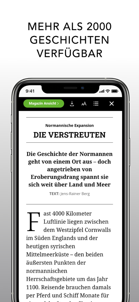Uno schermo di smartphone che mostra un articolo storico sull'espansione normanna all'interno dell'app della rivista GEO EPOCHE.