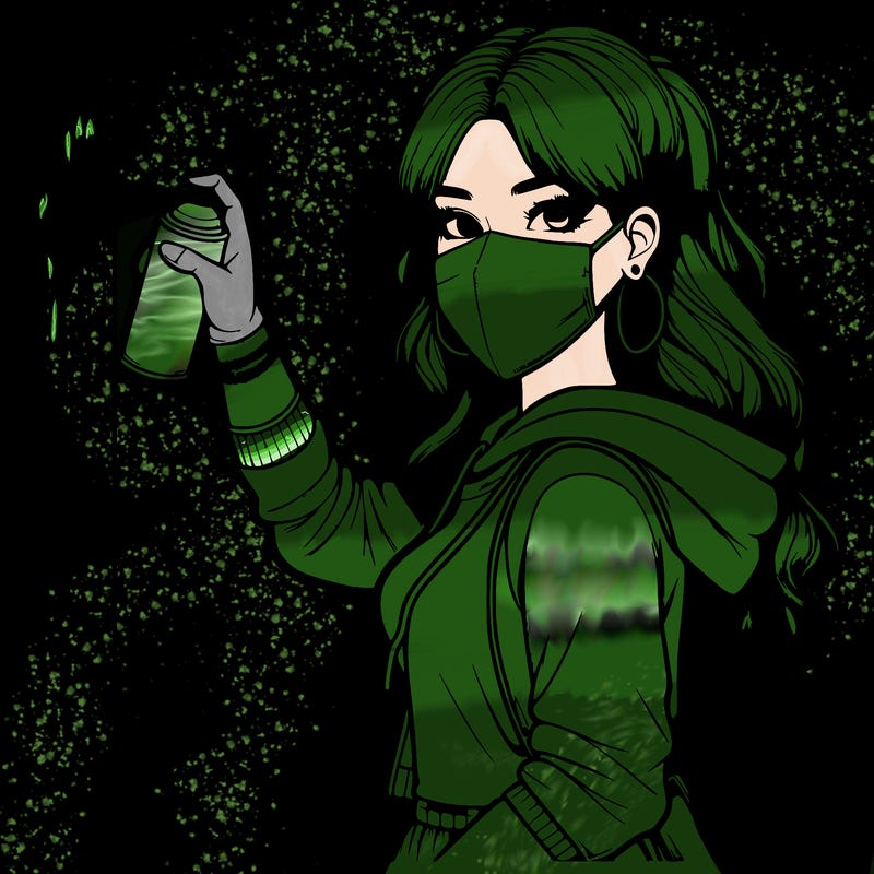 realistic girl with mask spray painting a wall