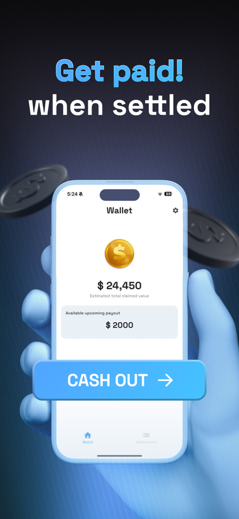 Claim: Class Actions - Smartphone screen displaying the claimHood wallet with a cash out button and settlement balance