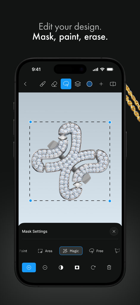 Smartphone interface of the BLNG AI app showing mask and paint editing tools for a diamond jewelry design