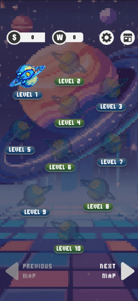 Word Blast: Word Puzzle Games - Mapa de selección de nivel en Word Blast con temática espacial de arte de píxeles que muestra planetas y marcadores de nivel