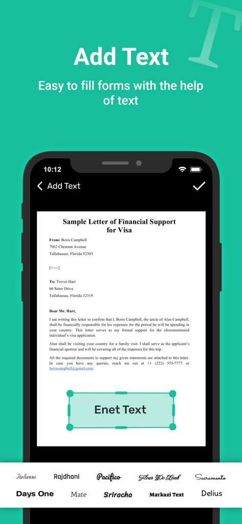 Cam Scanner - Doc Scan - Capture d'écran de l'application Cam Scanner montrant la fonction Ajouter du texte pour remplir un formulaire de soutien financier de visa avec plusieurs options de police