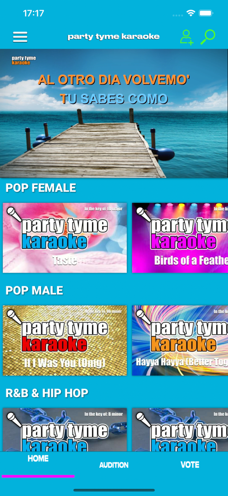 Party Tyme Karaoke - Home screen of the Party Tyme Karaoke app featuring music categories like Pop and R&B and Hip Hop