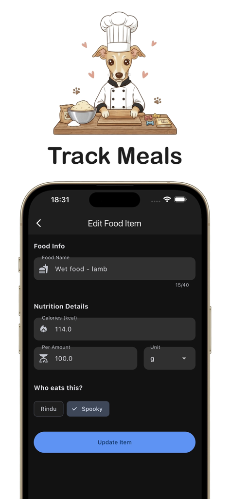 Screenshot of the Dog Daily app interface for tracking dog food meals and nutritional calorie information
