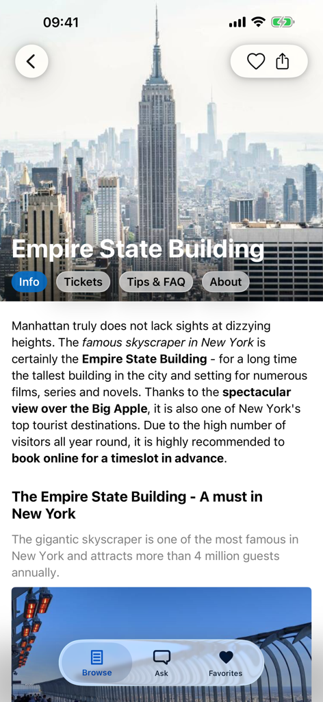 Empire State Building attraction overview in the New York Travel Guide app featuring ticket booking and AI assistant options.