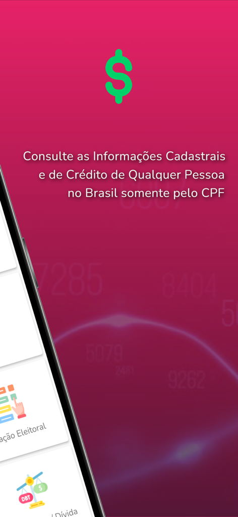 Consulta CPF, Score e Dívidas - Pantalla de app móvil para verificar el estado del CPF brasileño y la puntuación de crédito