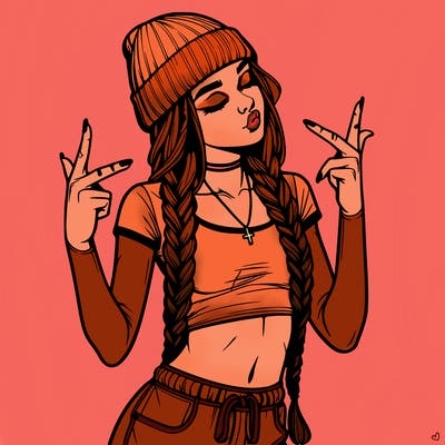 realistic teenage girl with braids and a beanie and crop top doing 🫶🏼