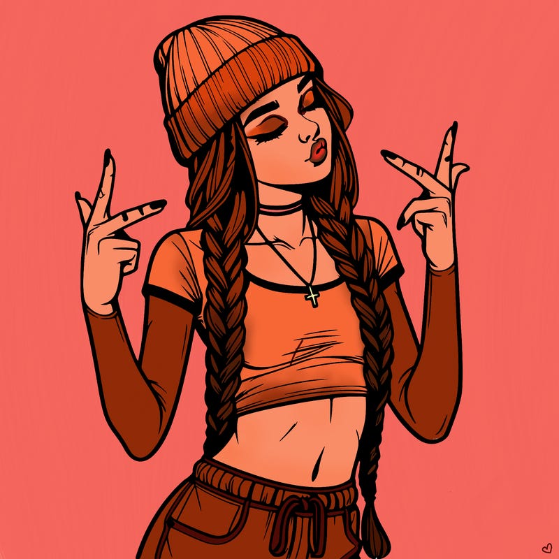 realistic teenage girl with braids and a beanie and crop top doing 🫶🏼