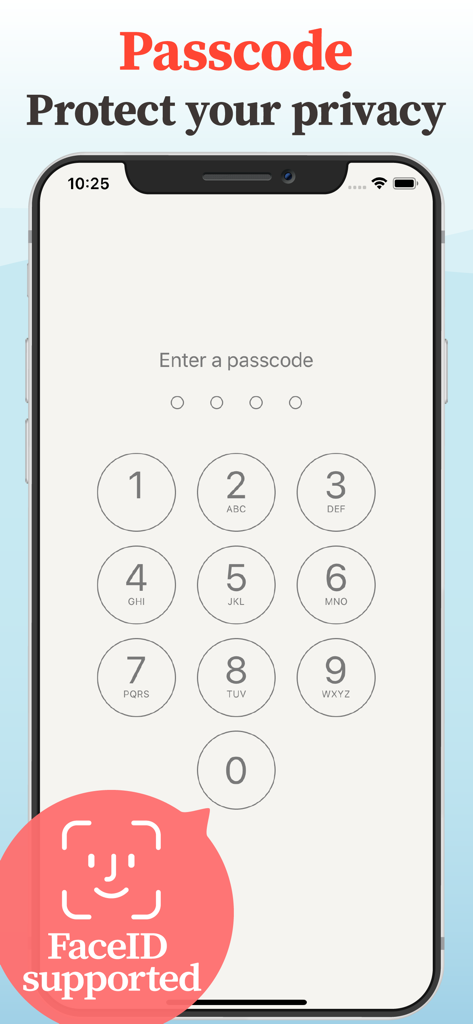Passcode lock screen of MyPics app with Face ID support for photo privacy