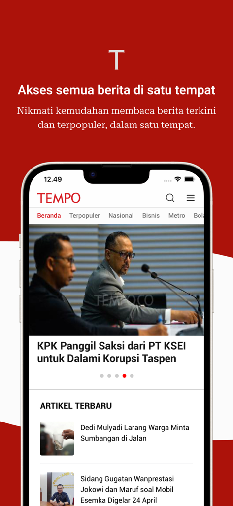 TEMPO - La pantalla de inicio de la aplicación móvil Tempo mostrando titulares de noticias de Indonesia.