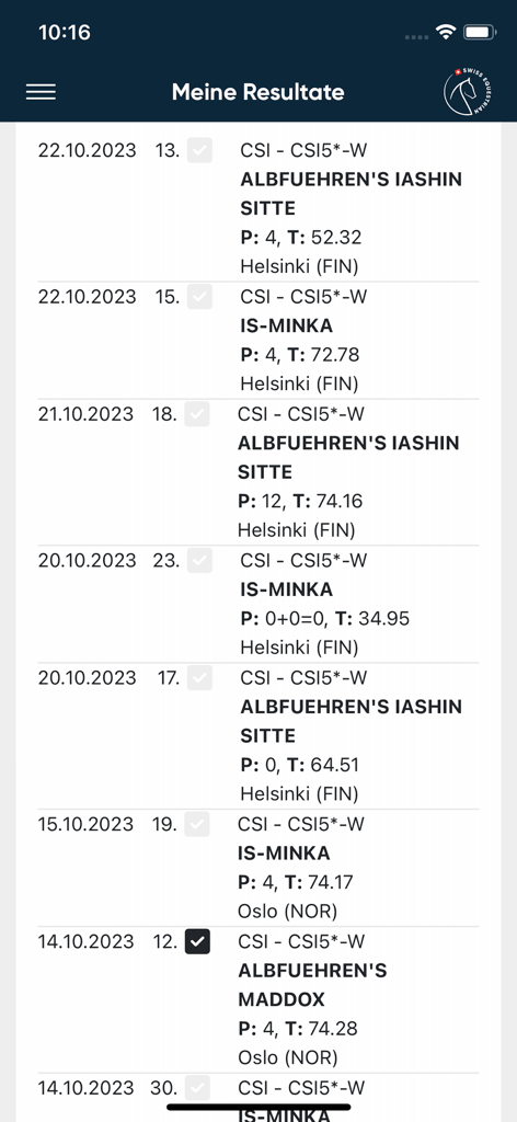 Swiss Equestrian - A list of horse show jumping competition results within the Swiss Equestrian app displaying horse names, scores, and event locations.