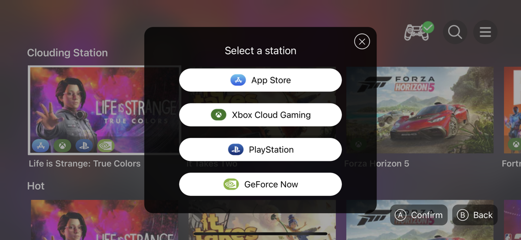 Station selection screen in the ShanWan Controller app featuring Xbox, PlayStation, and GeForce Now platforms.