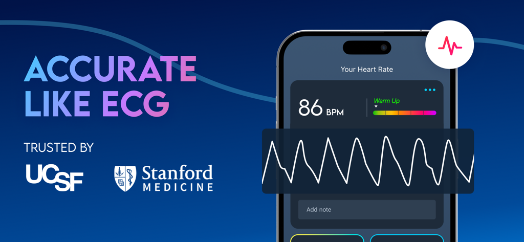 Instant Heart Rate app interface showing ECG accuracy with UCSF and Stanford medical logos