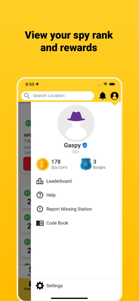 Gaspy - Interface du profil utilisateur de l'application Gaspy affichant le rang d'espion, les pièces et les badges obtenus
