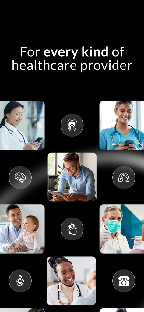 A collage of diverse medical professionals and icons for various specialties including cardiology, neurology, and dentistry.