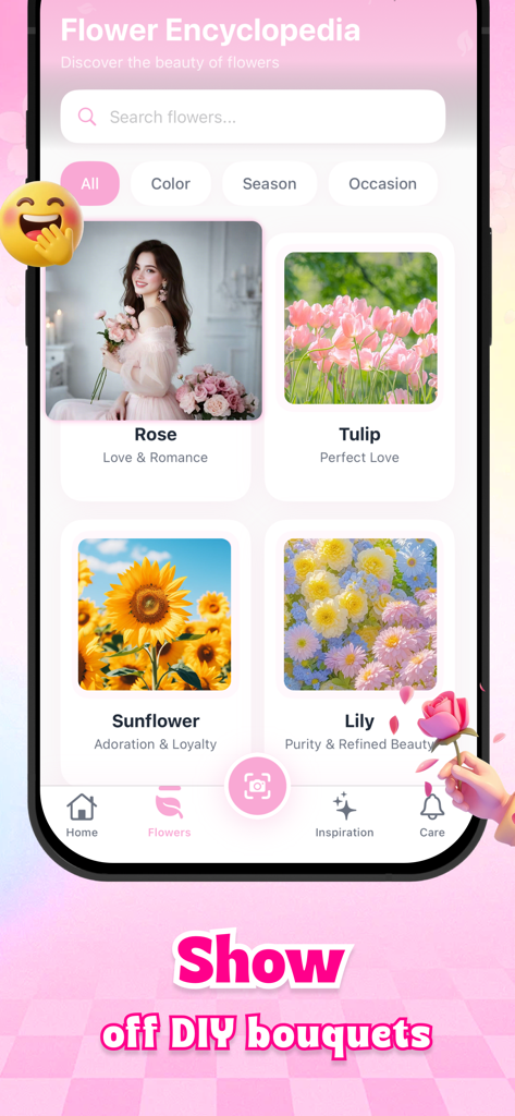 Bloom - Your Floral Expert - A mobile interface for the Bloom app showing a flower encyclopedia with categories for roses tulips sunflowers and lilies