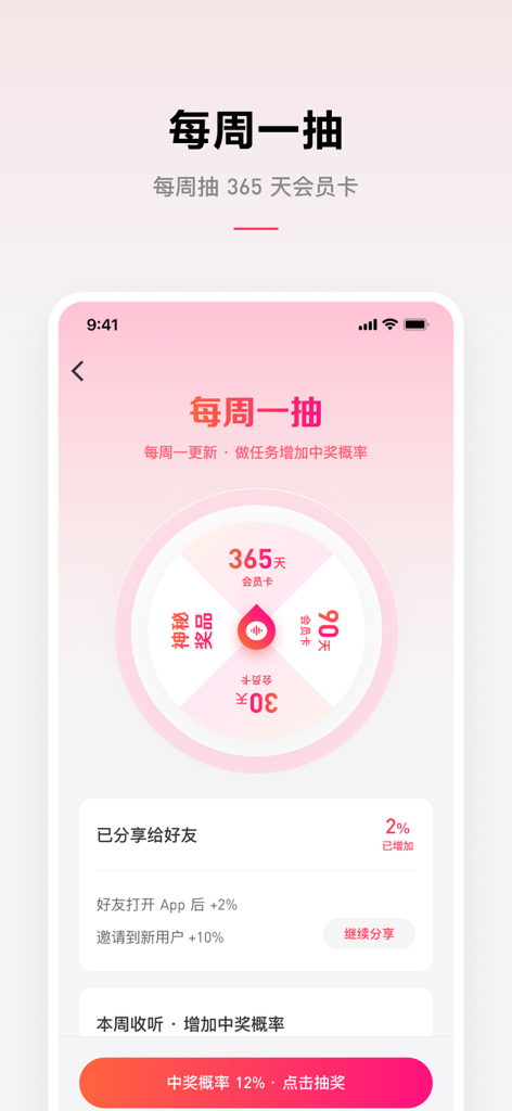 微信听书 - WeChat Audiobooks app screen showing a weekly lucky draw for winning membership cards and prizes