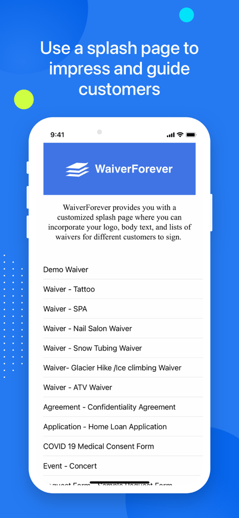 WaiverForever - Online Waiver - A smartphone screen showing the WaiverForever app customizable splash page with a list of digital waiver options for various businesses.