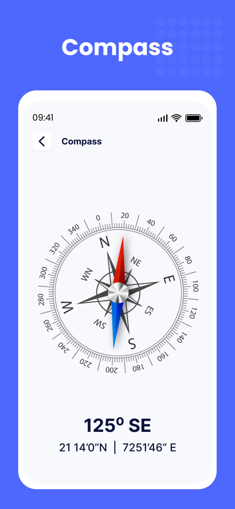 Street View - Live 3D GPS Map - A digital compass display showing directional degrees and GPS coordinates within the mobile navigation app