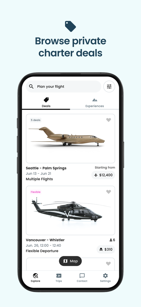 Airble-App-Oberfläche, die Angebote für Charterflüge mit Privatjets und Hubschraubern anzeigt