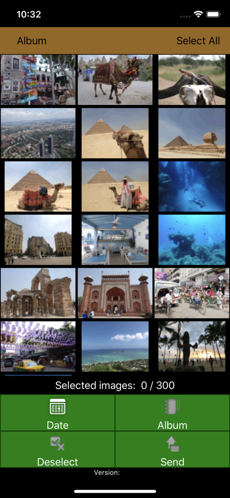 FUJIFILM WPS Photo Transferアプリのインターフェース。旅行写真のグリッドが表示されており、選択してプリントできます。