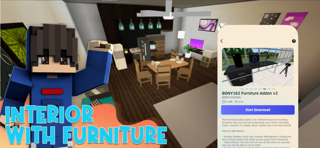 Minecraft interior with custom furniture and app download interface