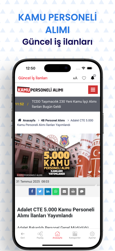 Kamu Personeli Alımı - 터키 공무원 채용 공고 및 정부 커리어 뉴스를 보여주는 모바일 화면