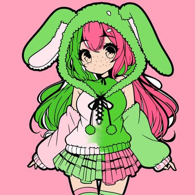 pretty anime girl wearing a fluffy hoodie with bunny ears on the hood and a skirt