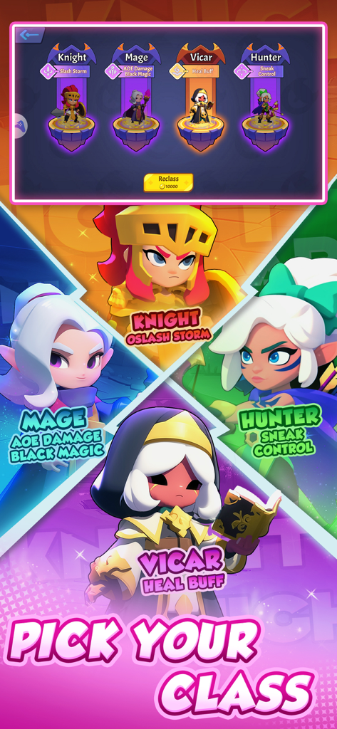 Checkmate Clash - Pantalla de selección de clase de personaje en Checkmate Clash mostrando Caballero, Mago, Vicario y Cazador