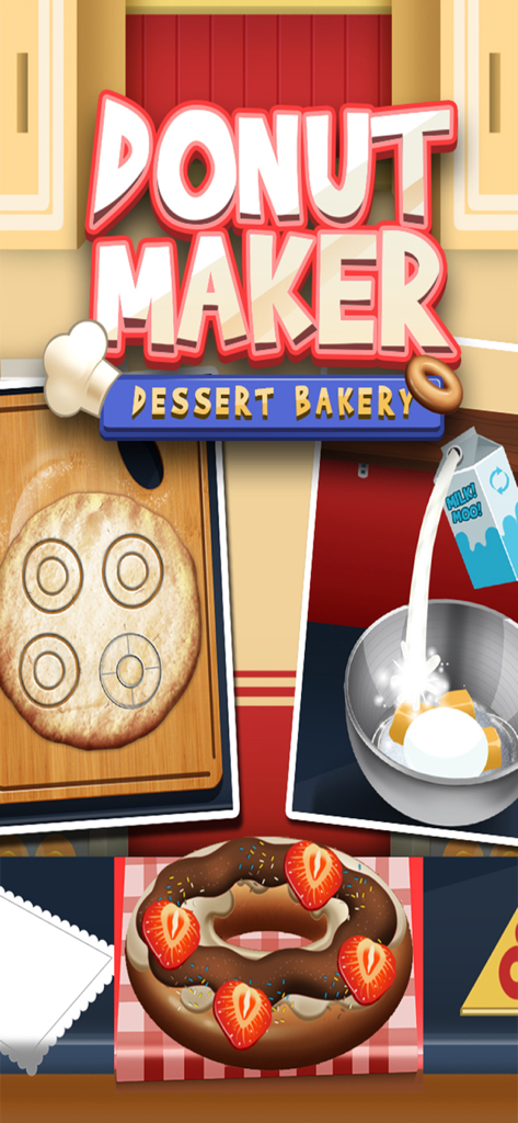 Donut Maker game showcasing dough preparation mixing ingredients and a decorated chocolate donut