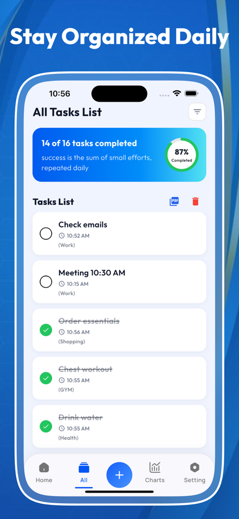 Daily Checklist & To-Do Task - Pantalla de smartphone que muestra la lista de tareas y el porcentaje de finalización de la aplicación Daily Checklist.