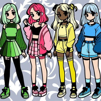 one girl with crop-top shirt and a jacket with a skirt, long socks and another girl with a shirt and pants with a jacket