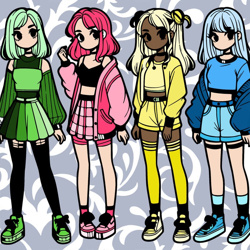 one girl with crop-top shirt and a jacket with a skirt, long socks and another girl with a shirt and pants with a jacket