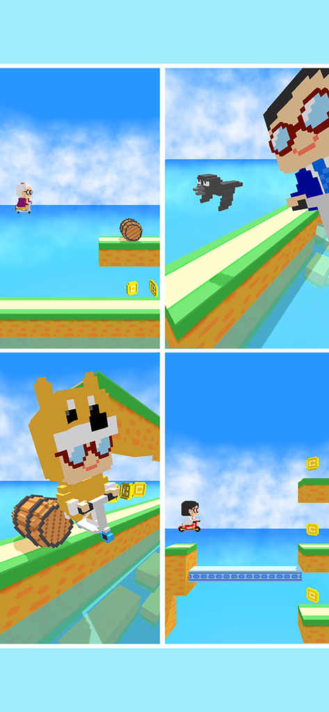 Super Grannies - Voxel art gameplay of Super Grannies showing characters jumping on platforms and collecting coins