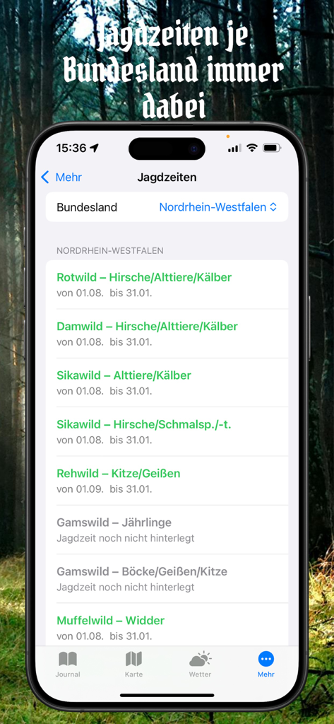 Waidwerk - Screenshot of the Waidwerk app showing hunting seasons for various game species in North Rhine Westphalia