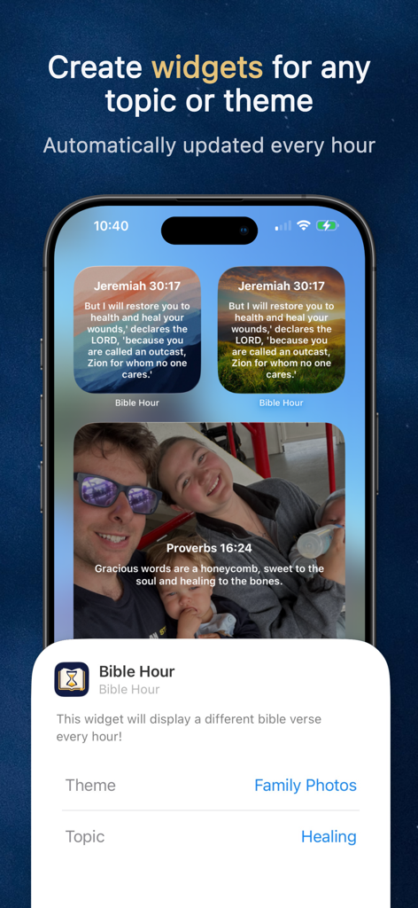 Bible Hour: Daily Verse Alerts - An iPhone home screen showing customized bible verse widgets with personal family photos and nature backgrounds.